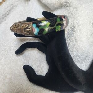 Vintage Cloisonne Enamel Dragon Bangle Bracelet Black Floral Brass Tone